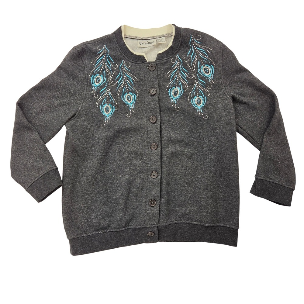 Speculation Women's Button Down Sweat Shirt Jacket Embroidered Peacock Petite M